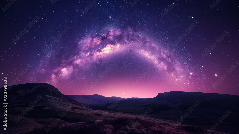 Fantastic night landscape with bright arched milky way, purple sky with stars, pink light and hills. Beautiful scene with universe. Galaxy and nature Fantastic night landscape with bright arched milky way, purple sky with stars, pink light and hills. Beautiful scene with universe. Galaxy and nature
