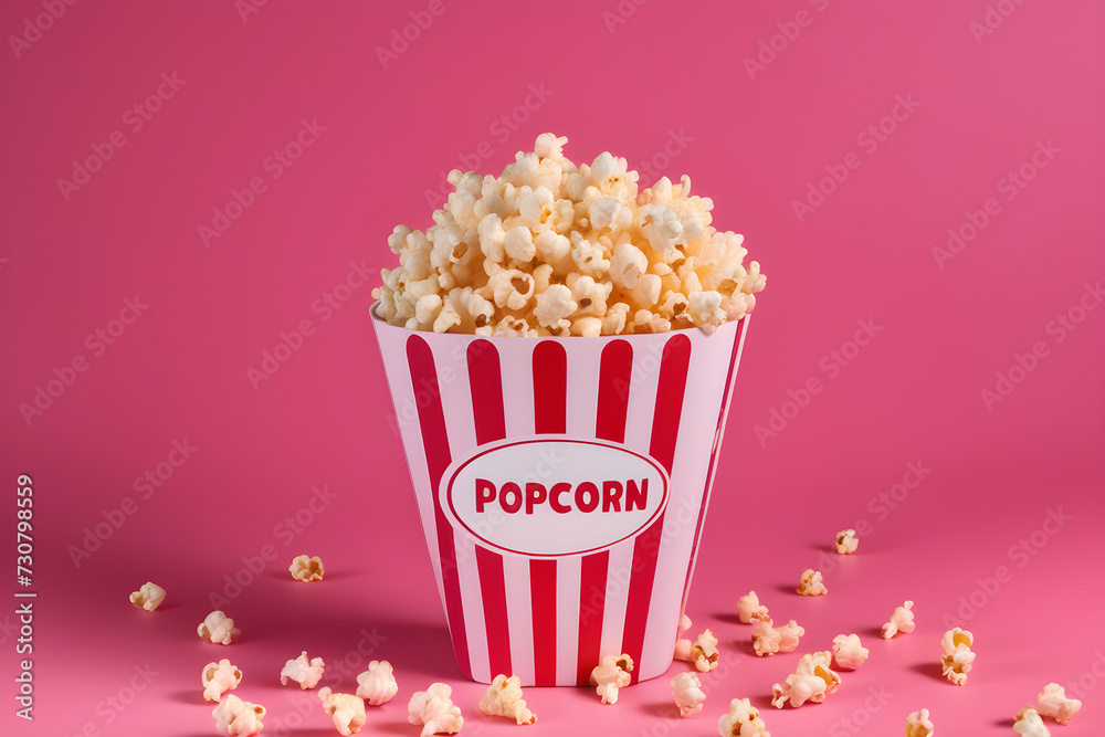 delicious popcorn in a red striped box on a pink background, bright background, scattered