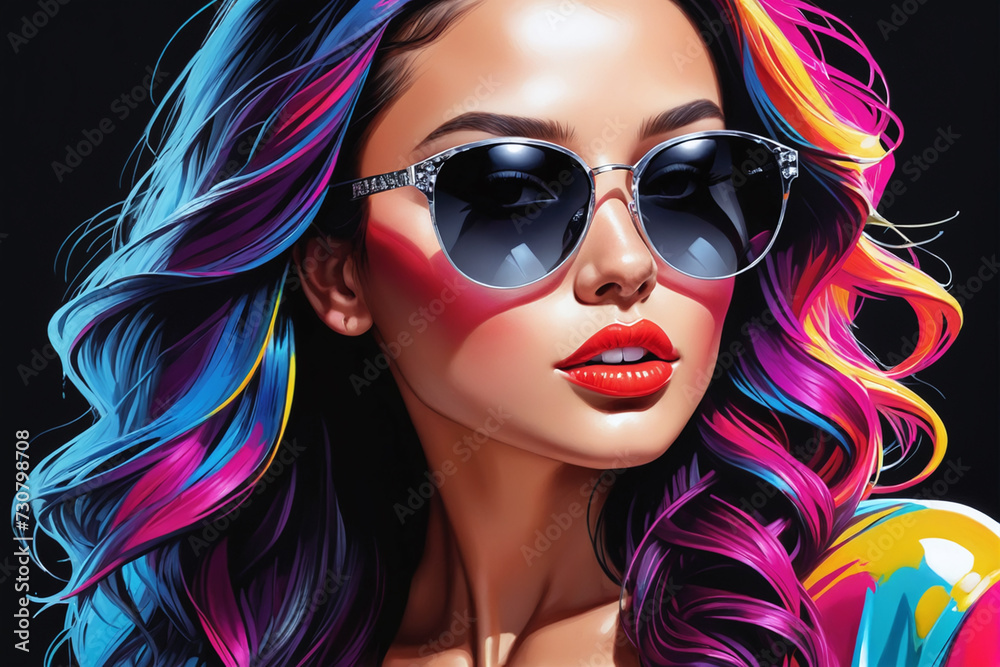 Impactful color paint of beautiful woman, sunglasses, highly detailed, vibrant colors