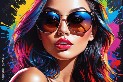 Impactful color paint of beautiful woman, sunglasses, highly detailed, vibrant colors