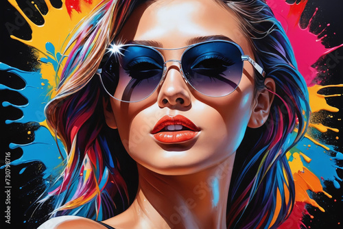 Impactful color paint of beautiful woman  sunglasses  highly detailed  vibrant colors