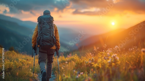 The picture shows a man hiking in the mountains at sunset wearing a heavy backpack Travel Lifestyle wanderlust adventure concept summer vacations outdoors alone