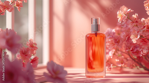 a blank orange perfume bottle on a coral background, with a spray nozzle and a floral scent. 