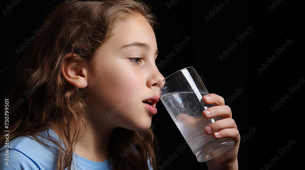 An angelic-faced adolescent drinking water from a clear glass, emphasizing hydration as key to preventing constipation An angelic-faced adolescent drinking water from a clear glass, emphasizing hydration as key to preventing constipation