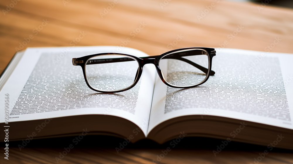 A pair of glasses lying on top of an open textbook, highlighting a successful exam passage A pair of glasses lying on top of an open textbook, highlighting a successful exam passage