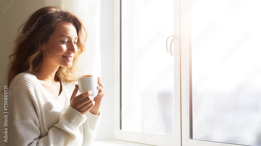 Happy woman in comfortable sweater enjoying a moment of solitude with a warm drink, sunlight filtering in Happy woman in comfortable sweater enjoying a moment of solitude with a warm drink, sunlight filtering in
