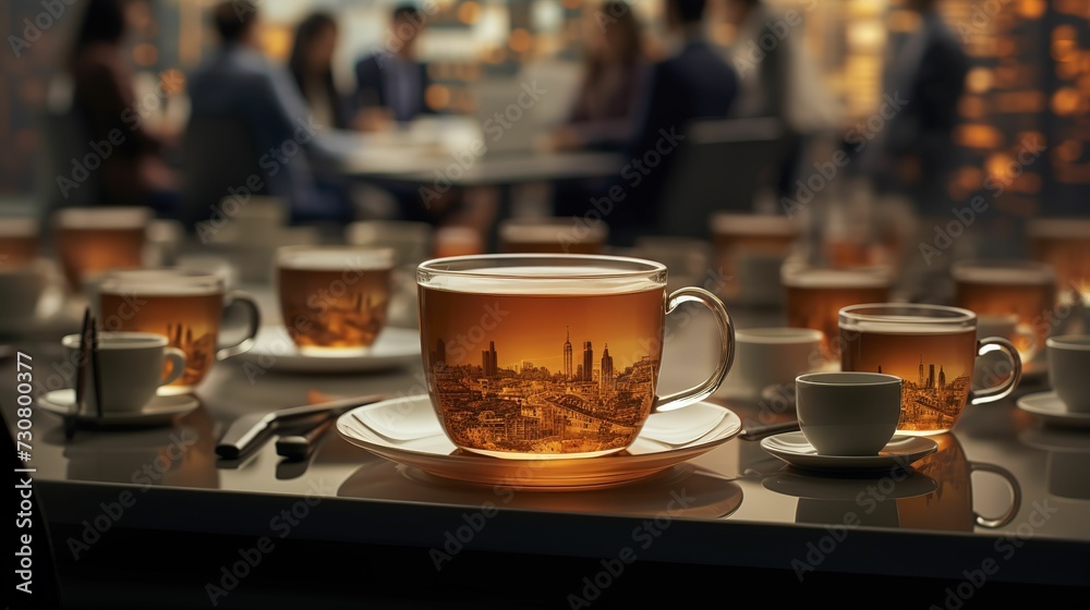 Background from cups of coffee or tea on the table in the office in the background with office workers. Background from cups of coffee or tea on the table in the office in the background with office workers.
