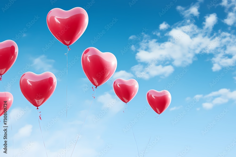Playful Valentine's Day balloon release with heart-shaped balloons floating against a clear blue sky