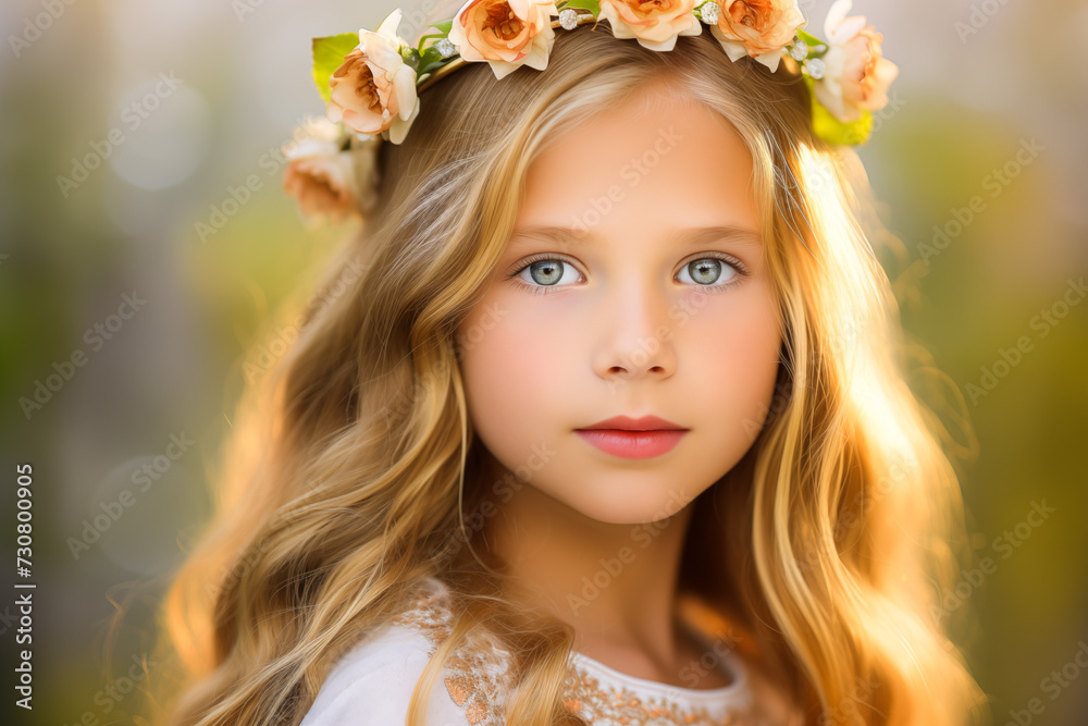 Young girl wearing dried rose crown. Young girl wearing dried rose crown.