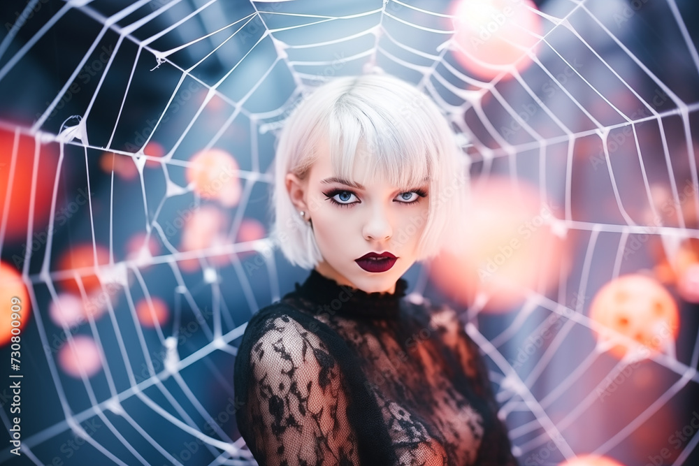 Blonde femme fatale before a symbolic spiderweb trap Blonde femme fatale before a symbolic spiderweb trap