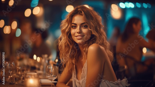 A beautiful woman enjoying while having dinner with friends at night party.