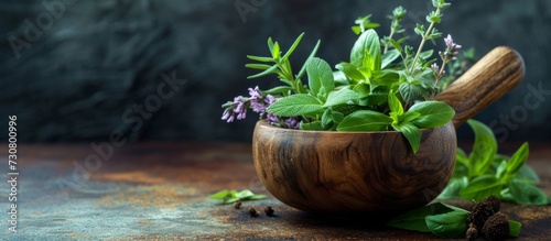 Wooden mortar with space for text, containing fresh and fragrant herbs. photo