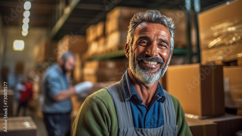 A mature man smiling while packing cardboard boxes in a distribution warehouse. Happy logistics worker preparing goods for shipment.