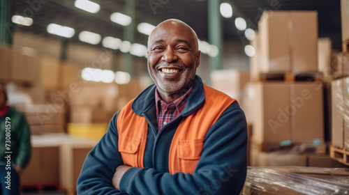 A mature man smiling while packing cardboard boxes in a distribution warehouse. Happy logistics worker preparing goods for shipment.