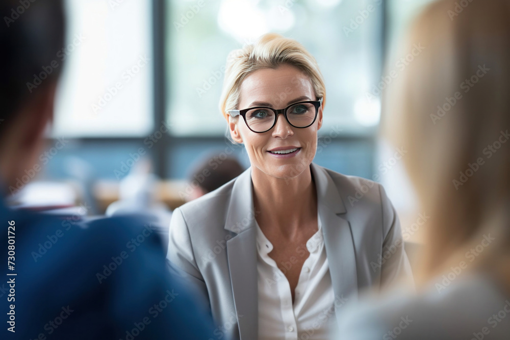 A middle aged professional business woman executive HR manager having job interview or business discussion in corporate office meeting. A middle aged professional business woman executive HR manager having job interview or business discussion in corporate office meeting.