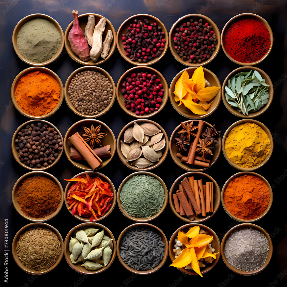 Colorful spices arranged in a pattern.