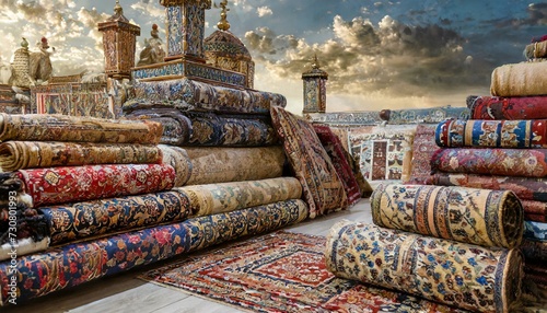 Variety of gorgeous oriental carpets in traditional carpet store in Middle East