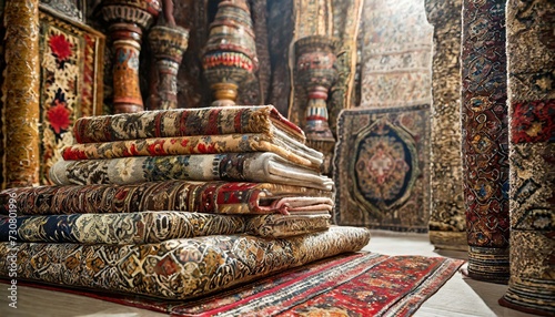 Pile of beautiful handmade carpets on. Variety of the gorgeous oriental carpets in traditional carpet store in Middle East. © SunnyRed