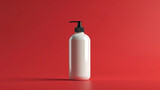 a blank white bottle of shampoo with a black cap on a bright red background 