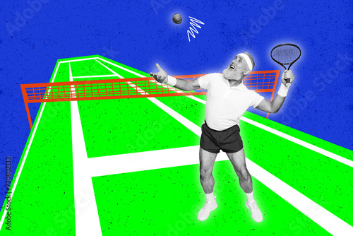 Horizontal composite photo collage of energetic elderly sportsman in sportswear hold racket hit ball play tennis court on blue background © deagreez