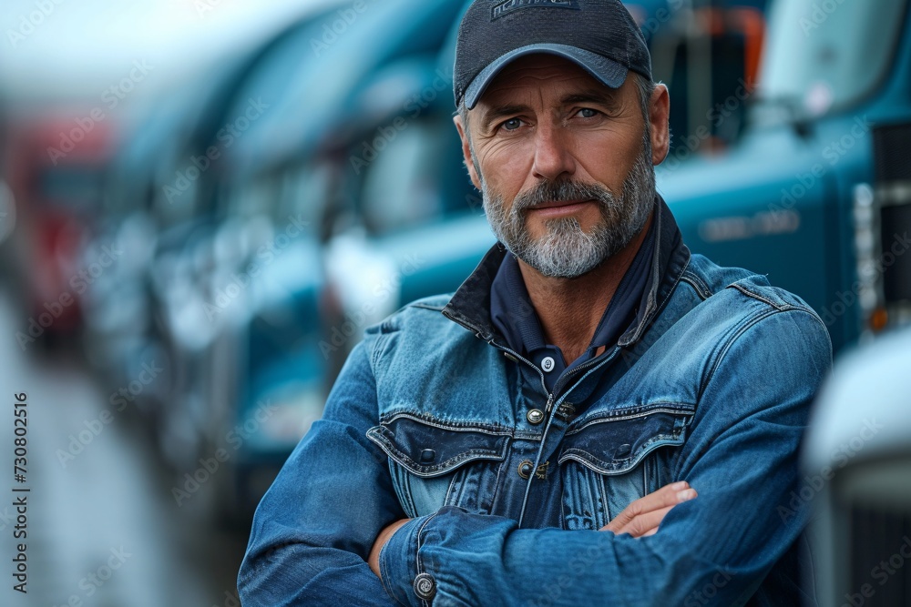 Bearded Man in Jeans Posing with Trucks in the Background Generative AI Bearded Man in Jeans Posing with Trucks in the Background Generative AI