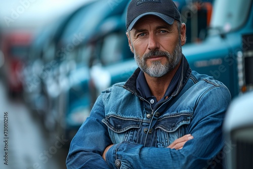 Bearded Man in Jeans Posing with Trucks in the Background Generative AI