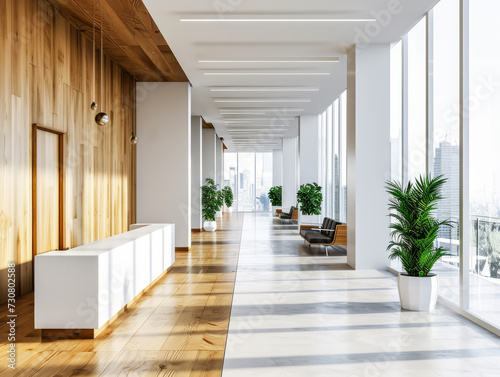 A modern office interior with wooden walls, large windows, and indoor plants. Ai generative