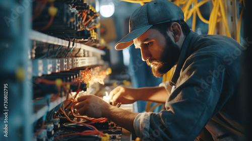 A professional electrician man works in a switchboard with an electrical connecting cable, Electrician repairing.