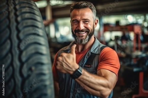 A smiling mechanic showing thumbs up with car tire in the car repair shop.