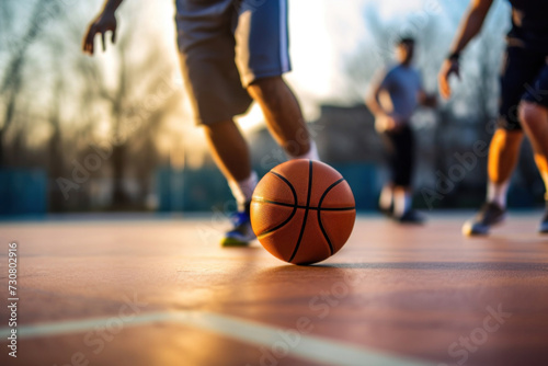 A young male basketball player dribbling the ball on basketball court in action. © tong2530