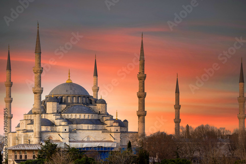 Blue Mosque Sultanahmet Camii famous historical mosque in old center of Istanbul, The Sultanahmet Mosque Blue Mosque Bosporus and asian side skyline, Istanbul, Turkey.