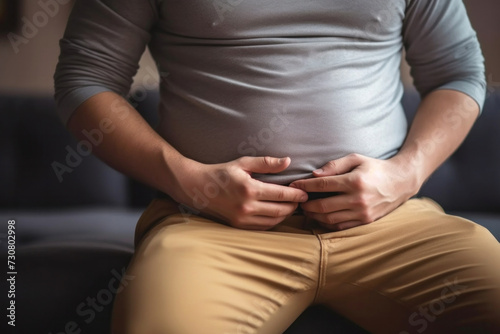 A young man touching his fat belly at living home. overweight fat belly. Diet lifestyle, stomach muscle, Fat and Health photo