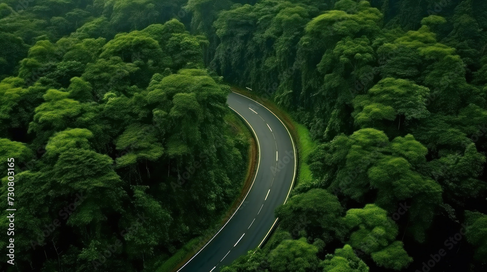 Aerial view beautiful curve road on green forest in the rain season.