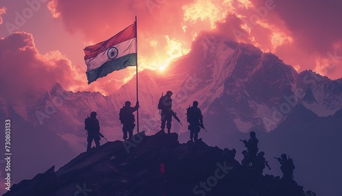 Indian Army Soldiers Standing on a Mountain with a Flag Generative AI