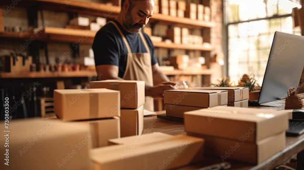 An owners man entrepreneurs working, box and check online orders or selling with computer to prepare pack the boxes to customer, SME business online concept. An owners man entrepreneurs working, box and check online orders or selling with computer to prepare pack the boxes to customer, SME business online concept.