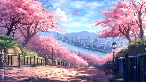 An enchanting cherry blossom grove during the peak of spring with city view. Fantasy landscape anime or cartoon style, seamless looping 4k time-lapse virtual video animation background photo
