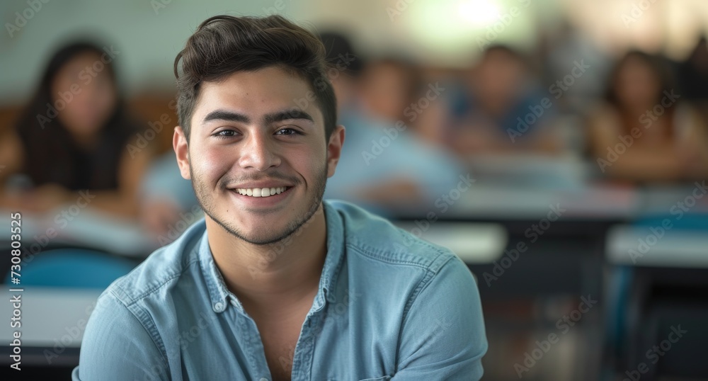 Fototapeta premium Smiling latino male college student sitting a classroom. Student study in class, with copy space.