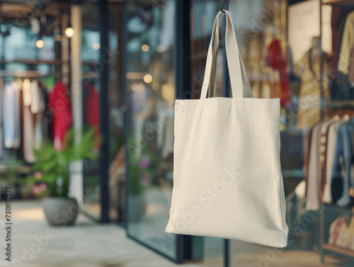 A blank tote bag is displayed in front of a boutique with clothing and mannequins visible through a window, highlighting the bag as a mockup template with copy space. Ai generative