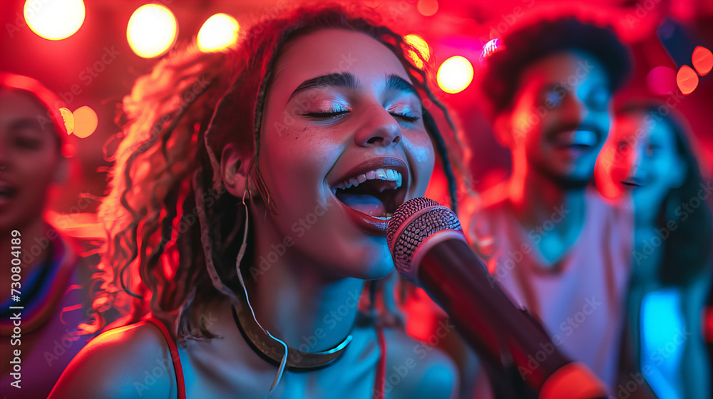 Group of diverse young friends singing at a karaoke party in a night club, laughing and having fun together , person singing into microphone Group of diverse young friends singing at a karaoke party in a night club, laughing and having fun together , person singing into microphone