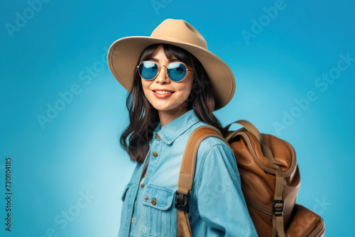 Asian happy young tourist woman wearing beach hat, sunglasses and backpacks going to travel on holidays on blue background.