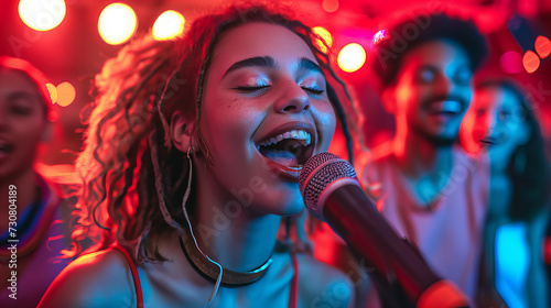 Group of diverse young friends singing at a karaoke party in a night club, laughing and having fun together , person singing into microphone