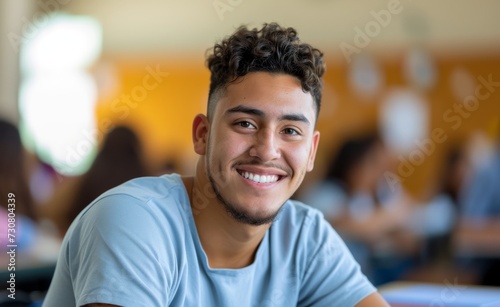 Smiling latino male college student sitting a classroom. Student study in class, with copy space.