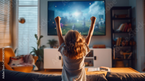 Back view of a young girl celebrating victory in video game on couch at living room.