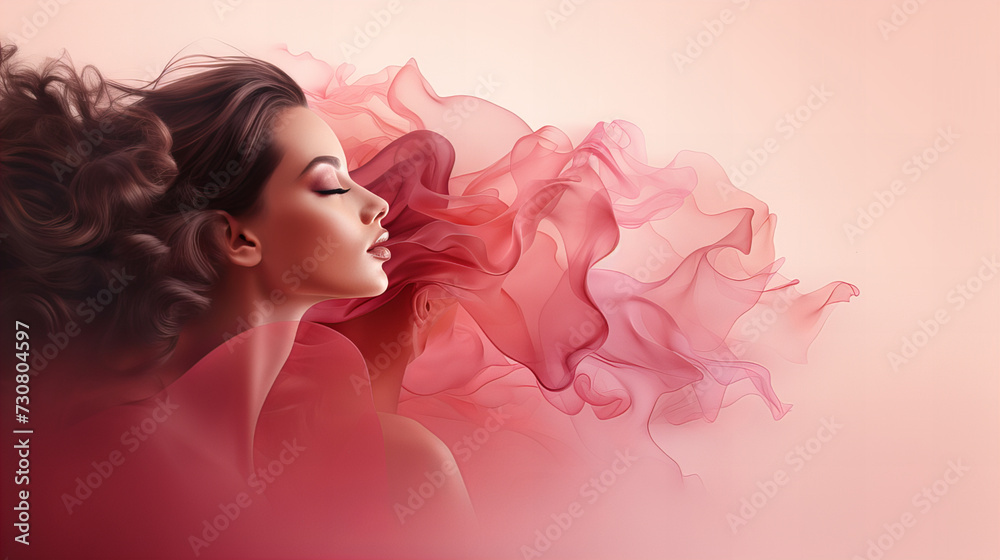 Women's day celebration banner, 8 march, multiple women faces graphic illustration, horizontal copy space on pastel pink background, copy space