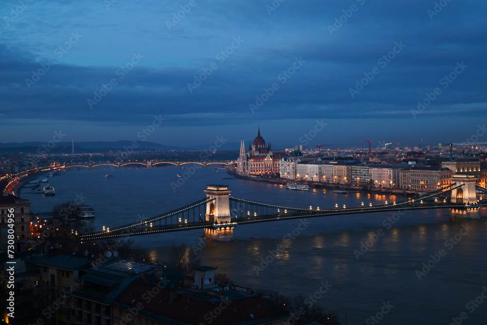 Aerial view of the famous chain bridge crossing the Danube river towards the city centre of Budapest, Hungary