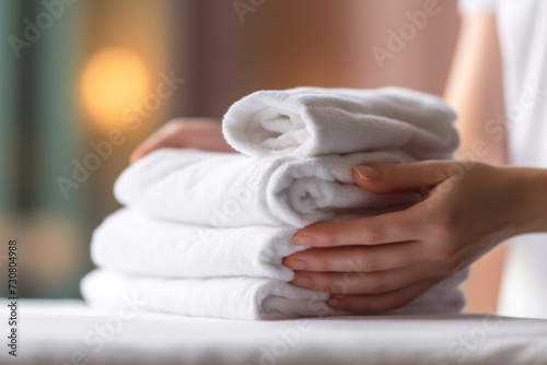 Close up hand of a professional chambermaid putting stack of fresh towels in hotel room.