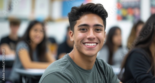 Smiling latino male college student sitting a classroom. Student study in class, with copy space.