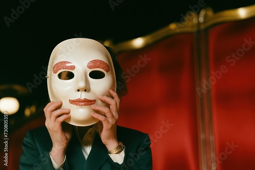Role. A person wearing a suit hiding their face with a theatrical mask while staying on the theater stage. Red curtain. Papier-mache face mask. Drapes. Anonym. Theatre. Actor's dramatical mask. Stagey photo