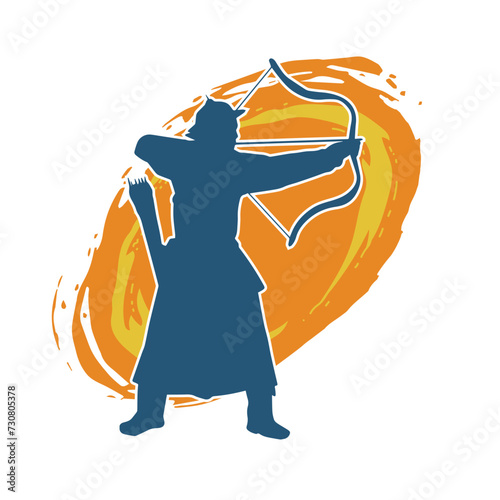Silhouette of a male archer warrior in action pose. Silhouette of a man fighter carrying archery weapon.