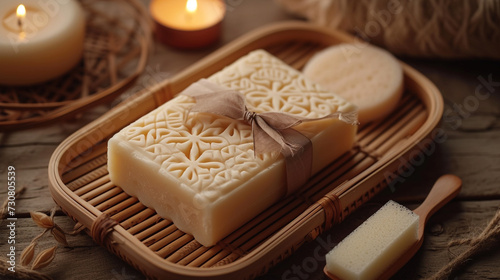 mockup of a luxurious and exotic soap bar with a carved pattern and a fragrant scent, wrapped in a silk ribbon and a paper label, lying on a bamboo tray with a sponge and a candle on a brown backgroun © Adnan Bukhari